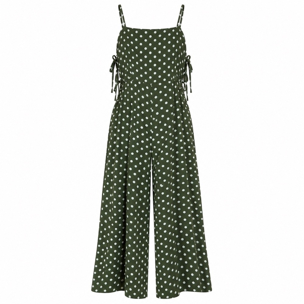 Molly Green Womens Jumpsuit M Green Polka Dot Wide Leg Side Tie Sleeveless